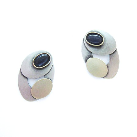 Navy Catsite Two-tone Oval Stud Earrings by Crono Design - Click Image to Close